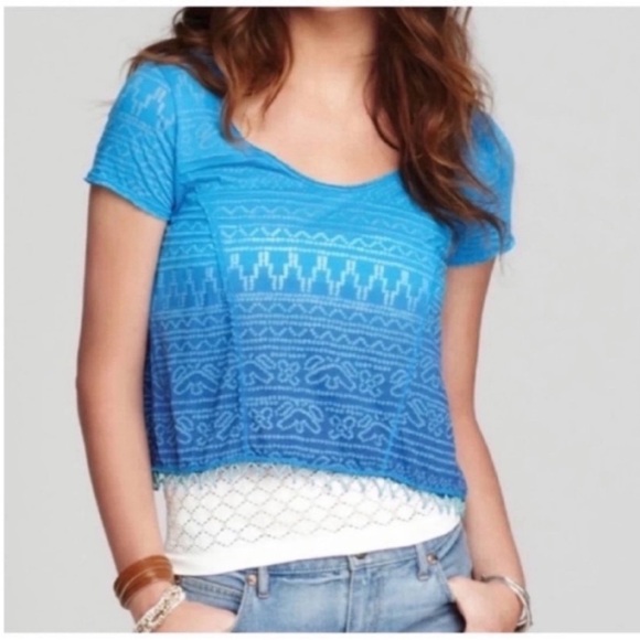 Free People Tops - Free People Shibori shirt blue ombré burnout beaded sheer